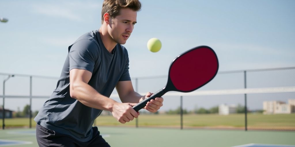 Focused pickleball player ready to hit ball