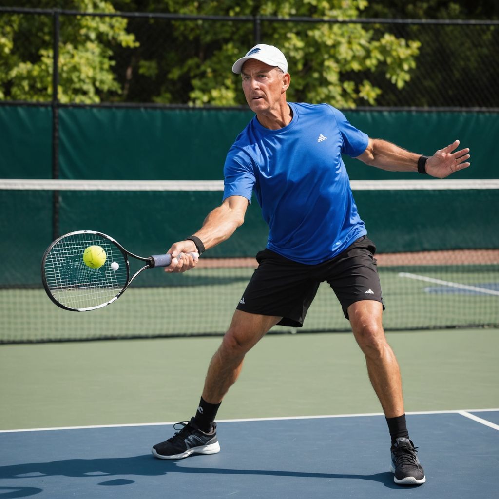 Confident pickleball player hitting ball on outdoor court.