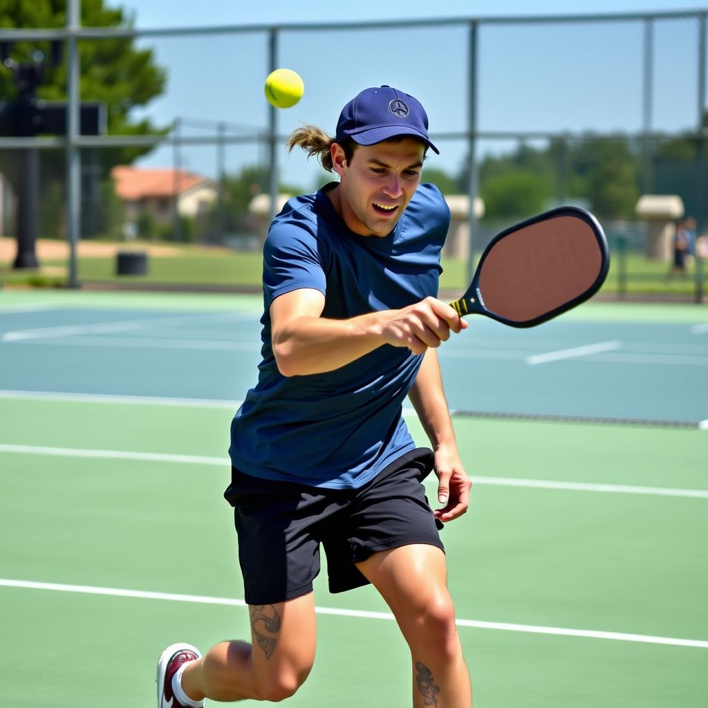 Pickleball player mid-swing on outdoor court