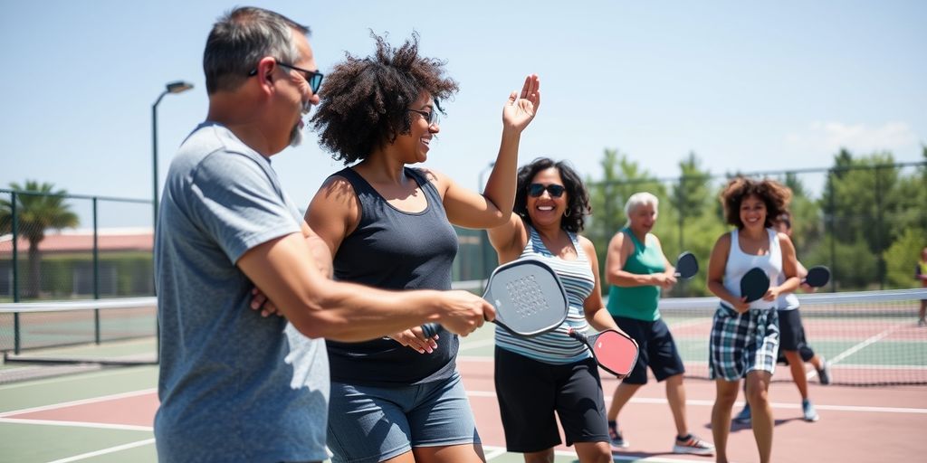 People playing pickleball and high-fiving on a sunny day.