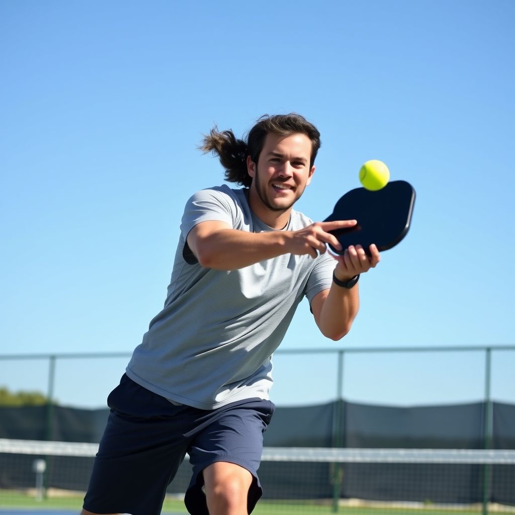 Confident pickleball player hitting a powerful shot