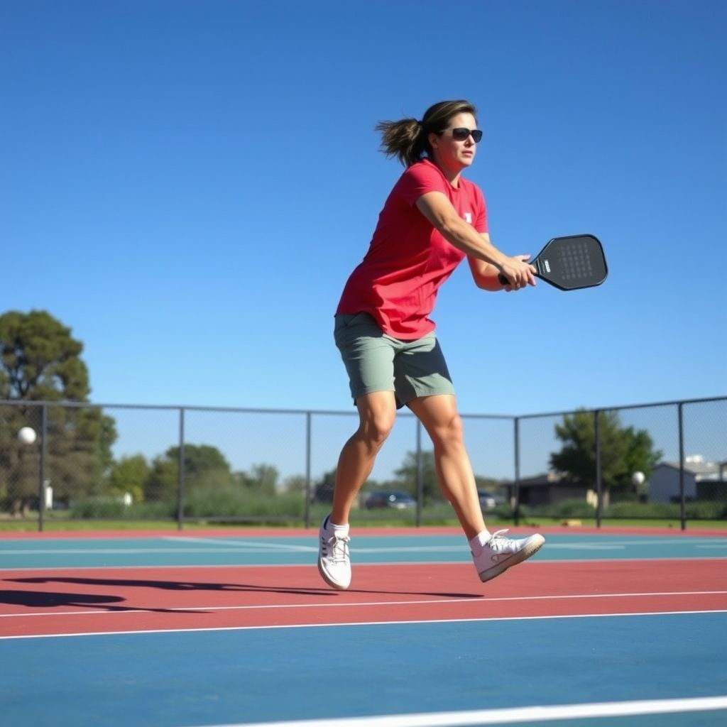 Pickleball player demonstrating footwork on the court.