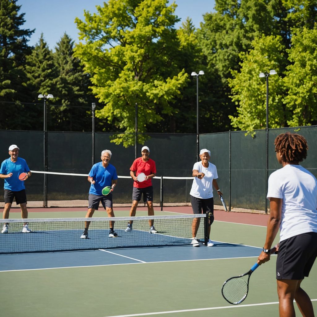 People playing pickleball outdoors, smiling and happy.