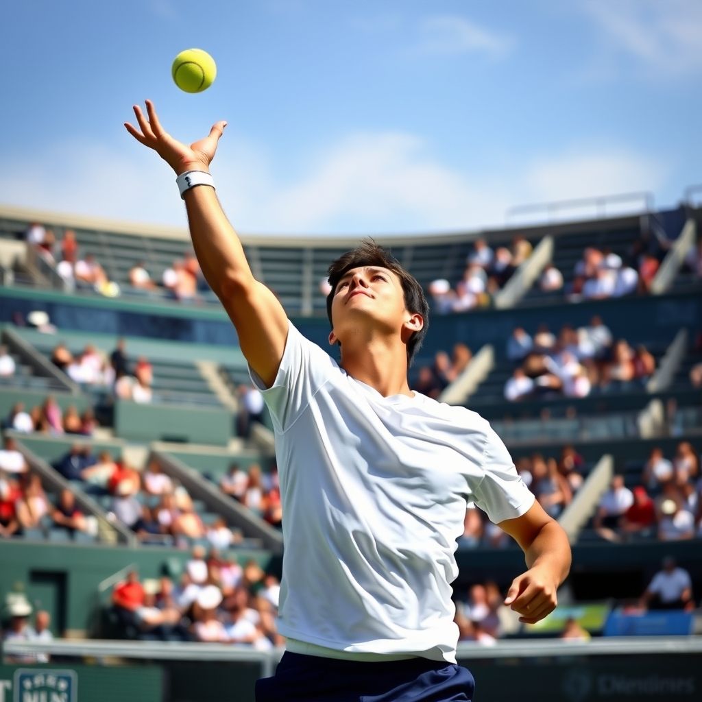 Tennis player serving on a professional court