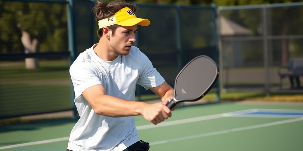 Pickleball player mid-swing on outdoor court