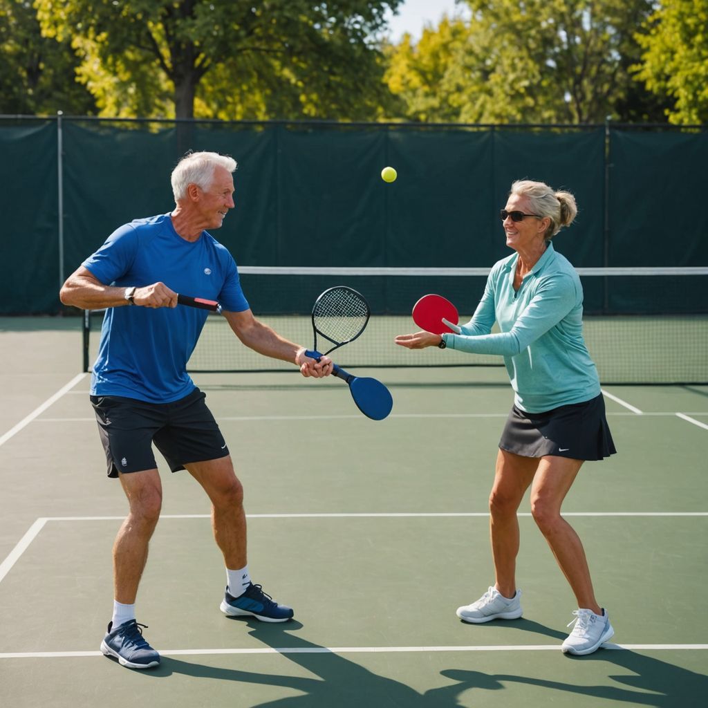 Two people playing pickleball on an outdoor court.