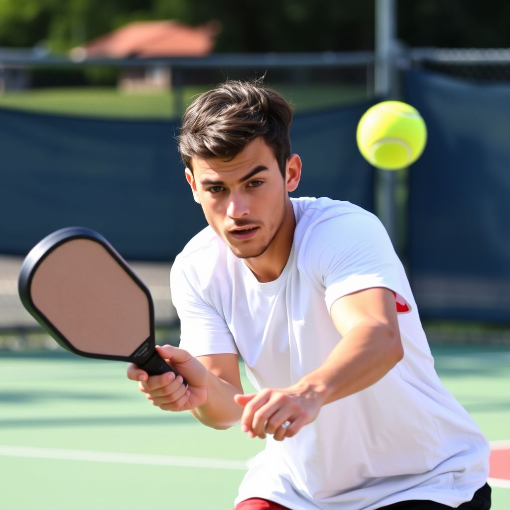 Focused pickleball player in action on outdoor court