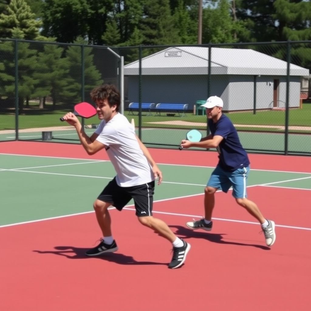 Players in action on an outdoor pickleball court