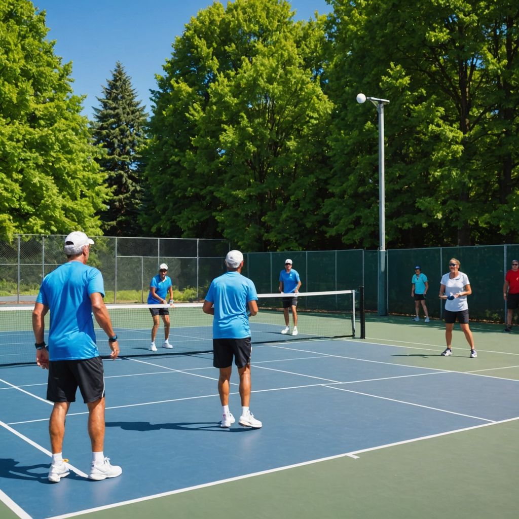 People playing pickleball on an outdoor court.