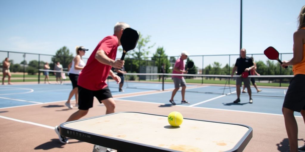 People playing pickleball on an outdoor court