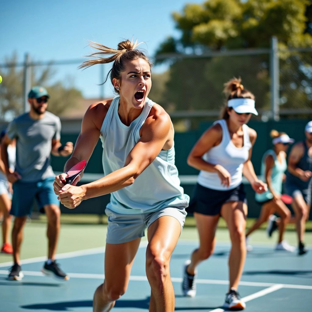 Diverse players in an intense pickleball match