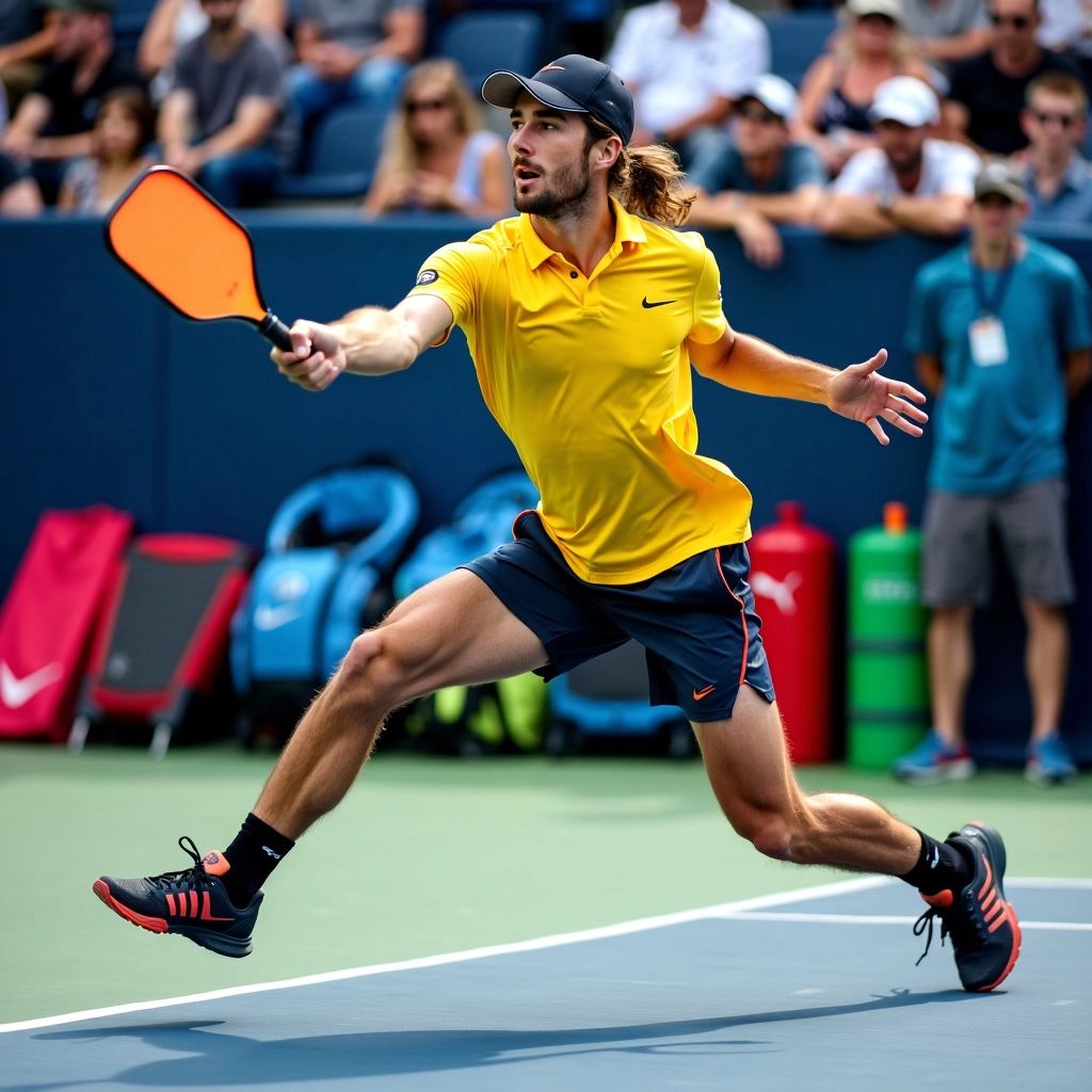 Player hitting a pickleball backhand on a court.