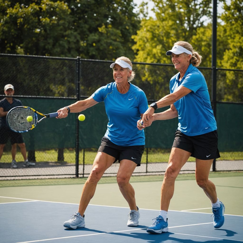 Two pickleball players in action on a court.