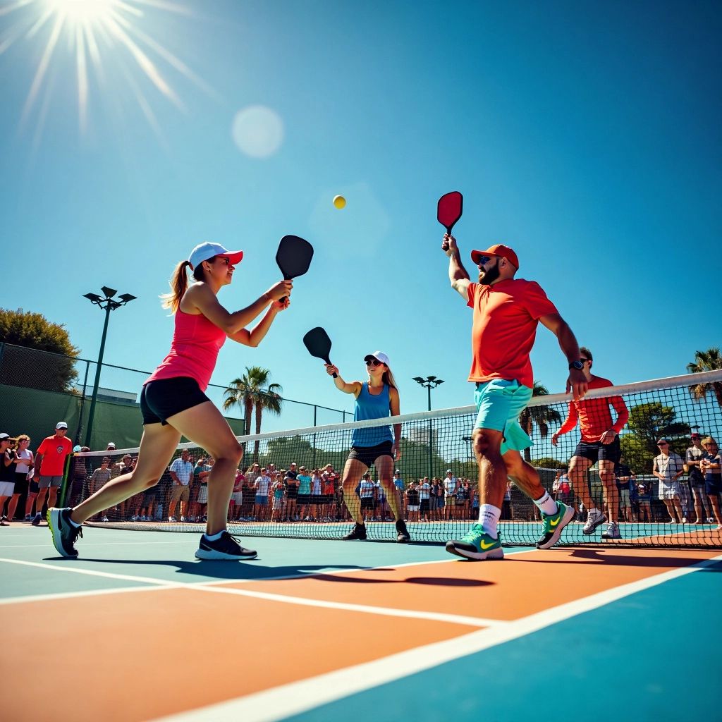 Players targeting a pickleball on a colorful court.