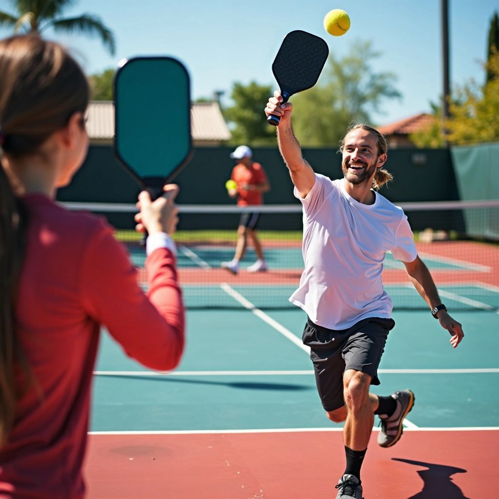 Two players competing in singles pickleball match on court.