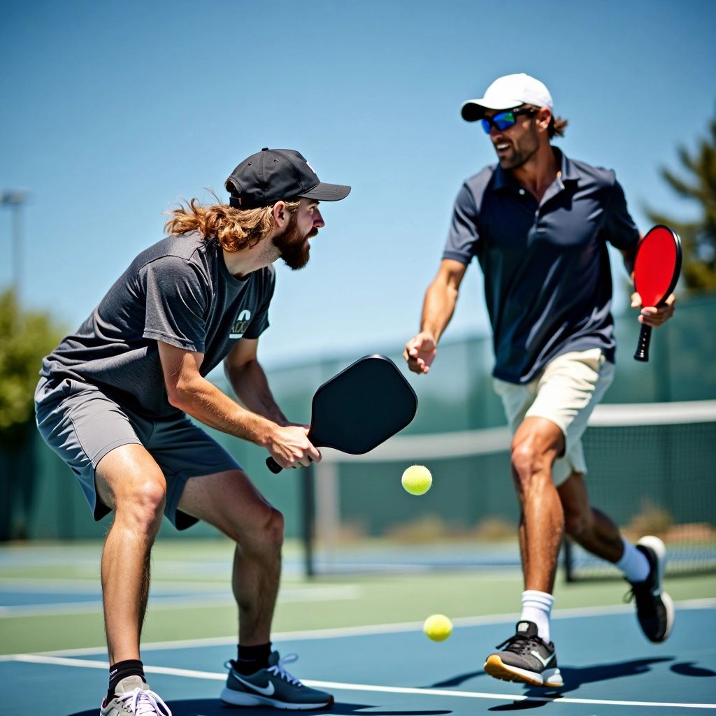 Two players in action on a pickleball court.