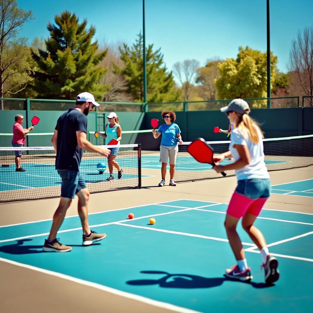 Players enjoying pickleball on a sunny court.