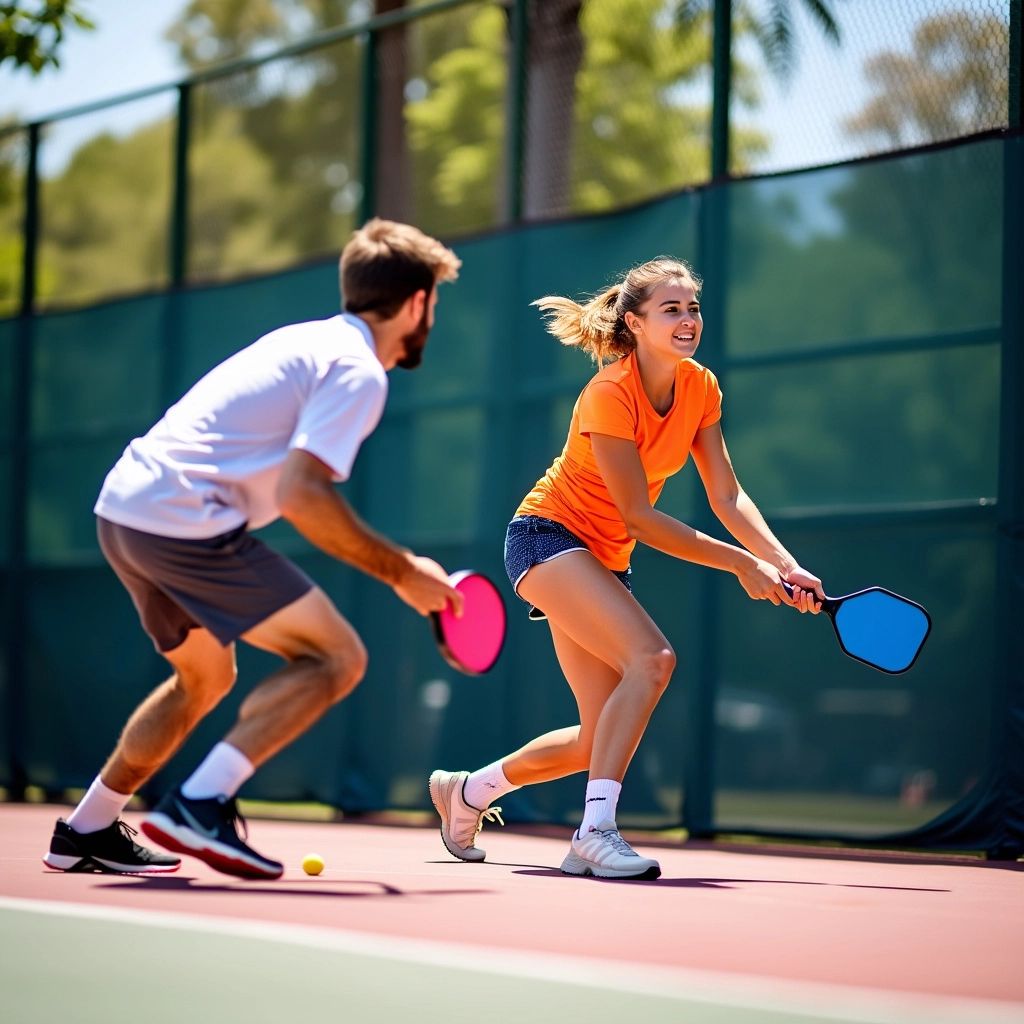 Two players competing in a pickleball match on a court.