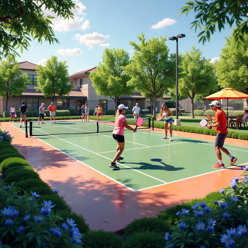 Players engaged in a lively pickleball match on a court.