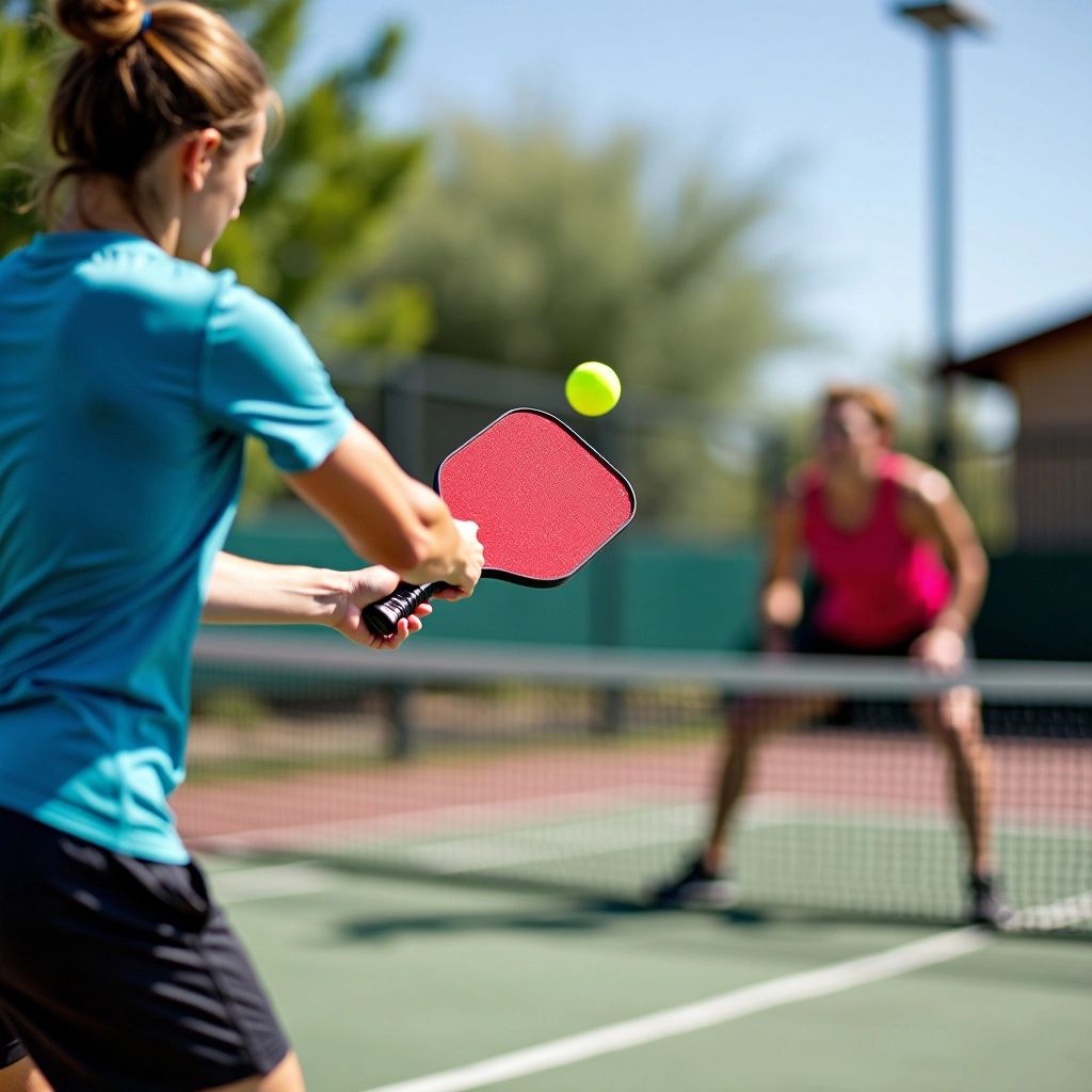 Players executing a third shot drop in pickleball.