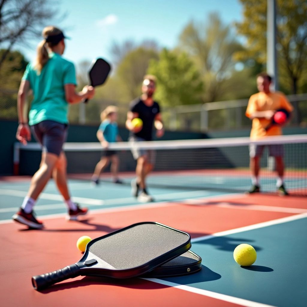 Players enjoying a lively game of pickleball on court.