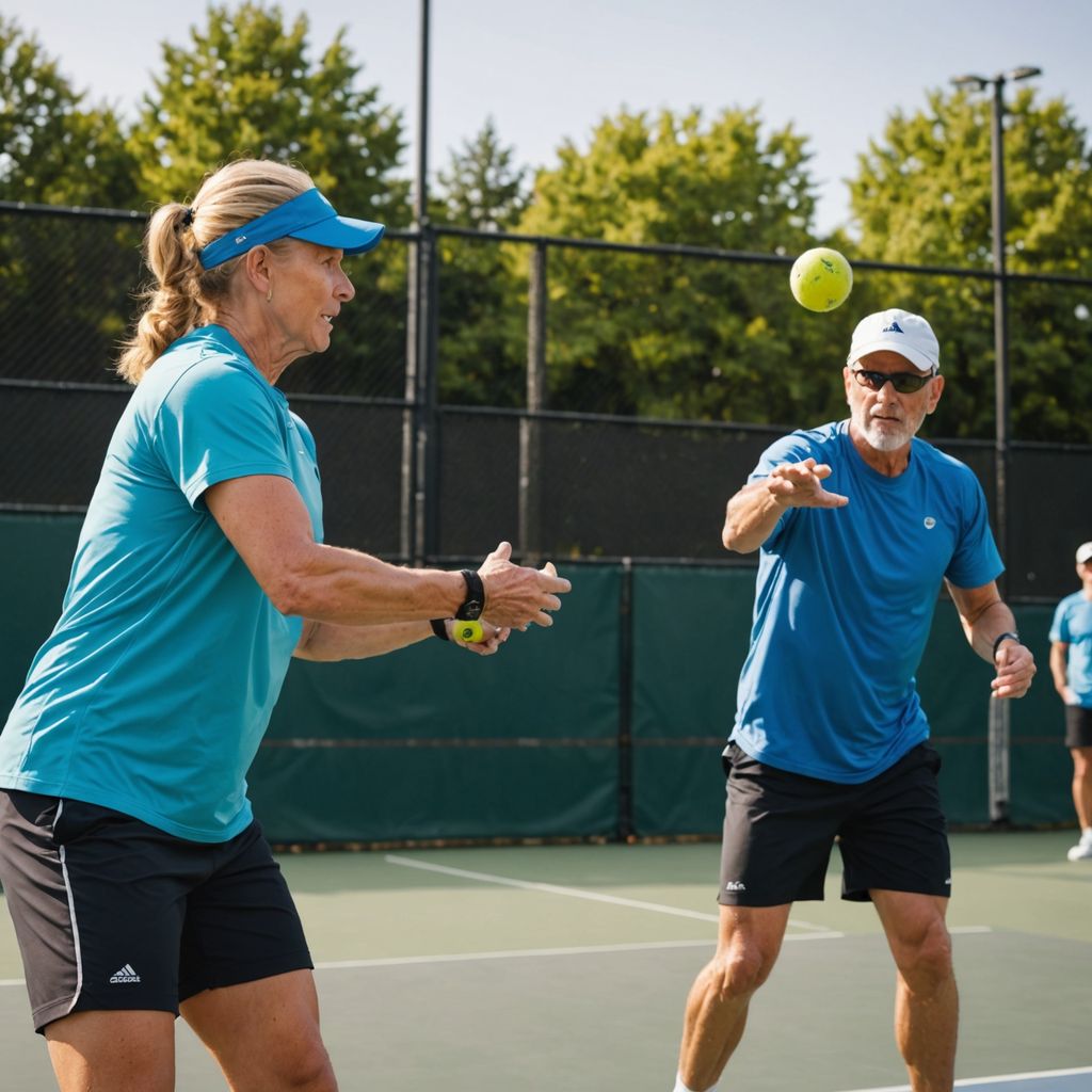 Pickleball players in action on an outdoor court.