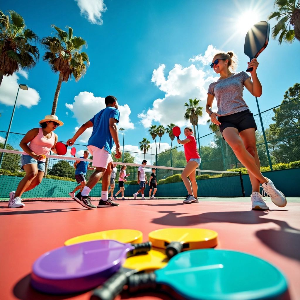 Players engaged in a lively pickleball match on a court.