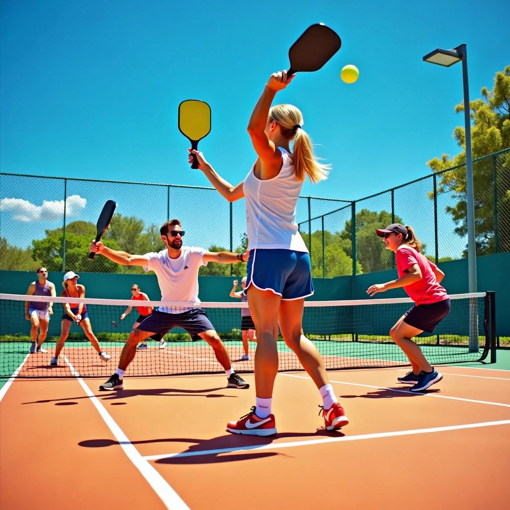 Players engaged in an intense pickleball match on court.