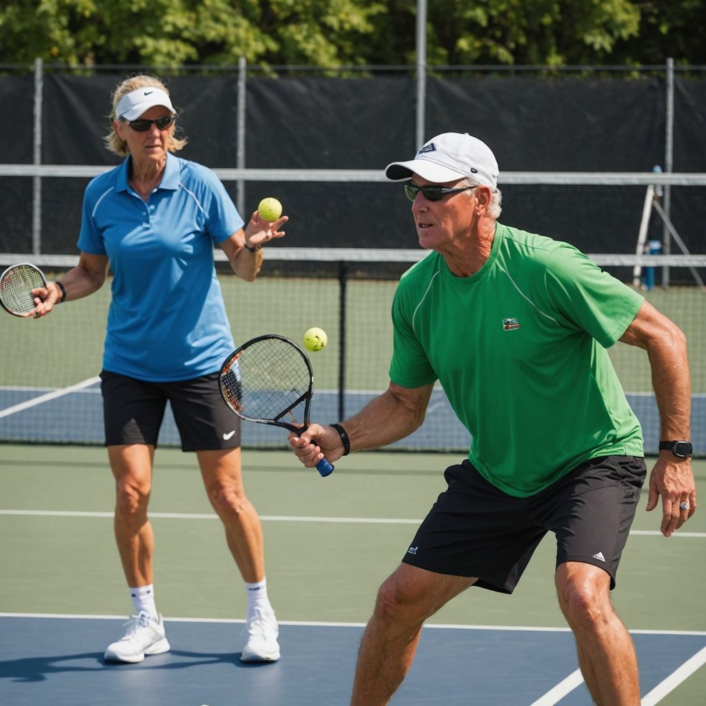 Two players on an outdoor pickleball court