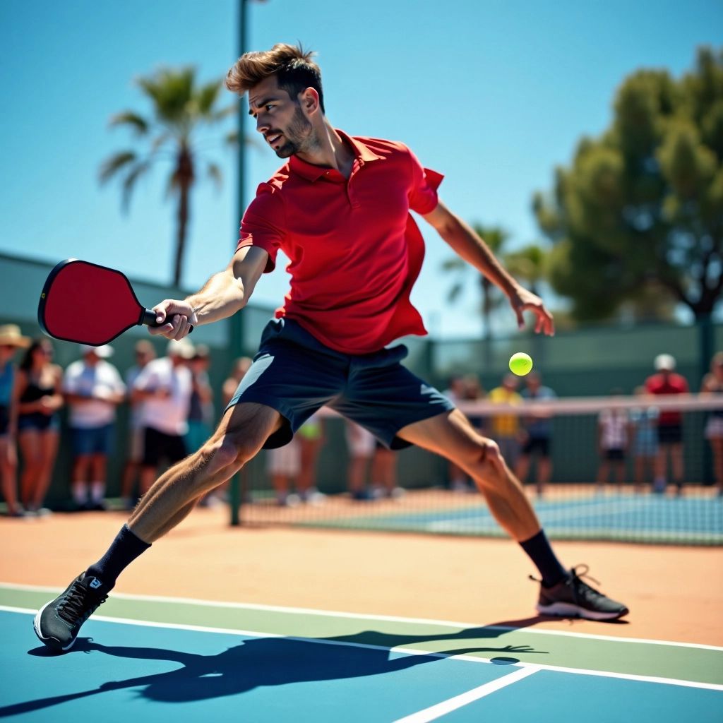 Pickleball player hitting a forehand shot on the court.