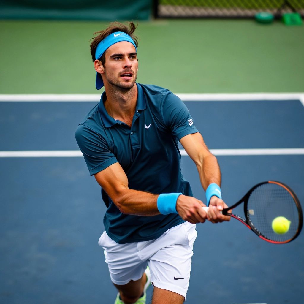 Tennis player serving on court