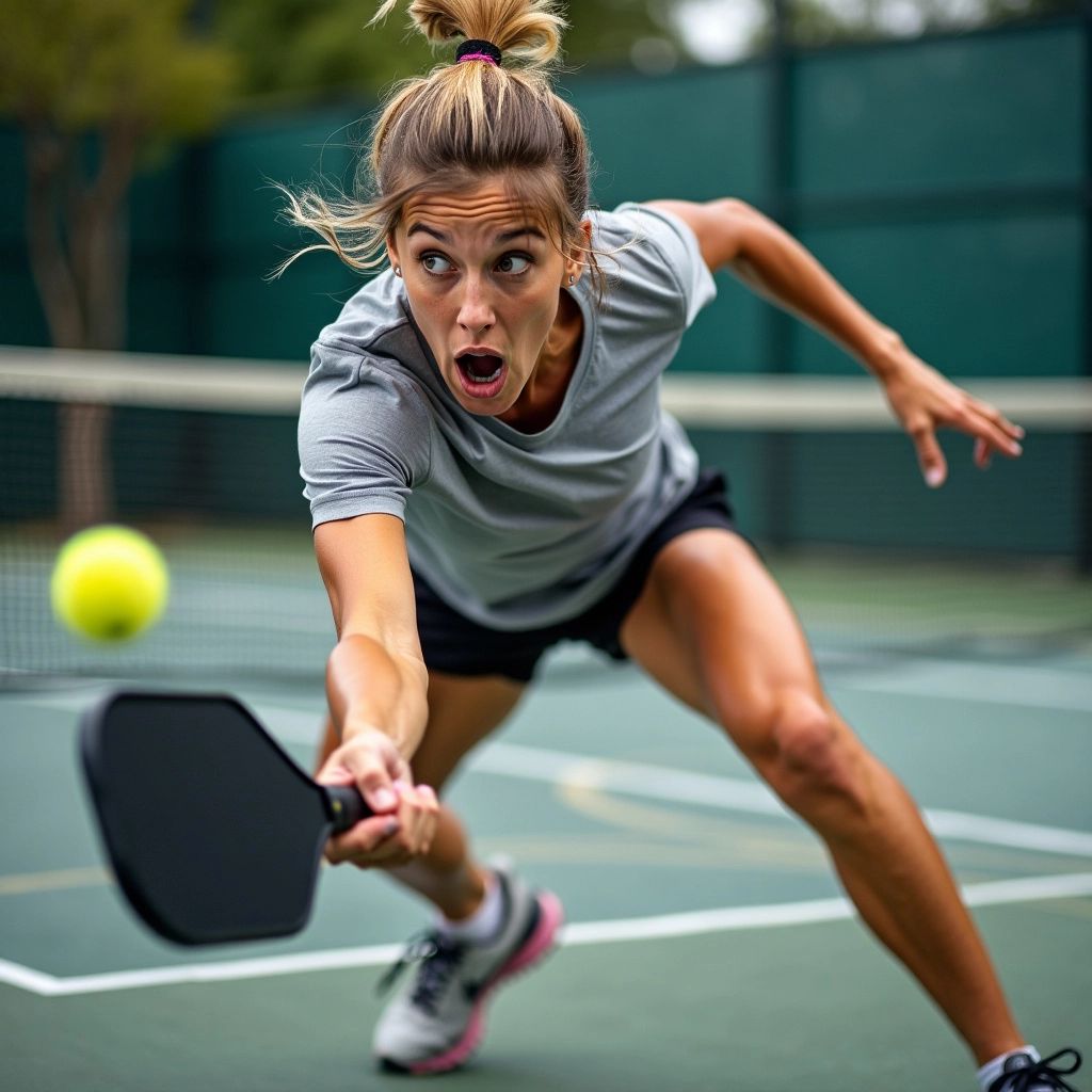 Pickleball player swinging at the ball