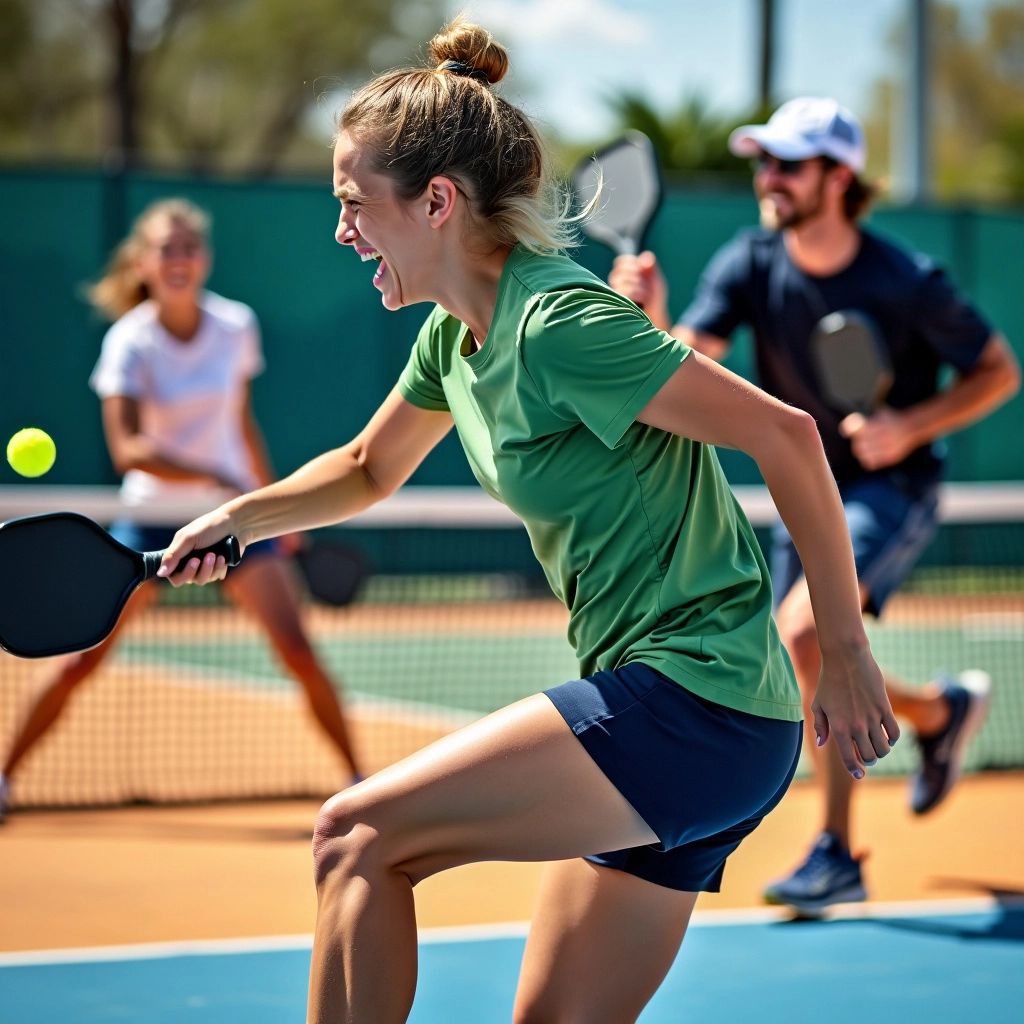 Players engaged in an intense pickleball match on a court.