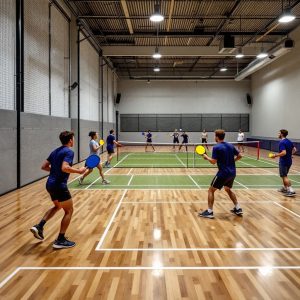 Indoor pickleball court with players in action.