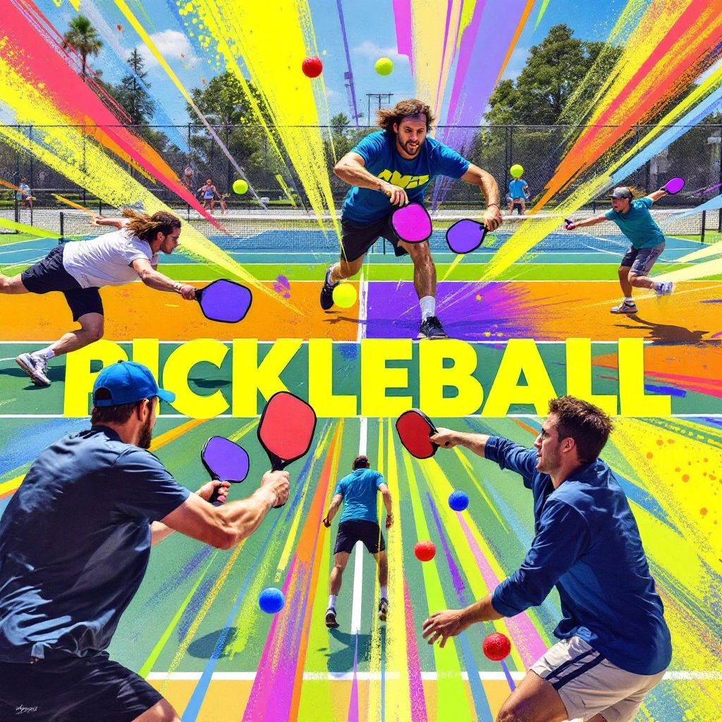 Players executing diverse pickleball shots on a court.