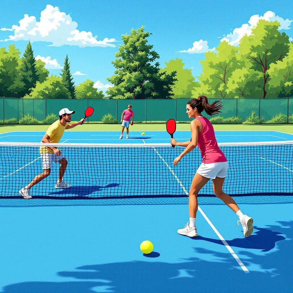 Players competing on a colorful pickleball court.