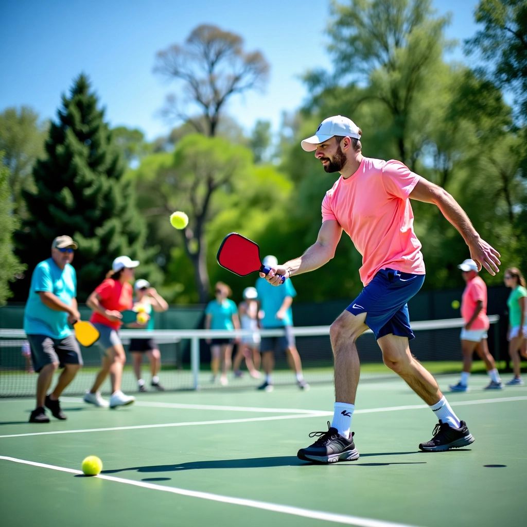 Players practicing pickleball drills on a sunny court.