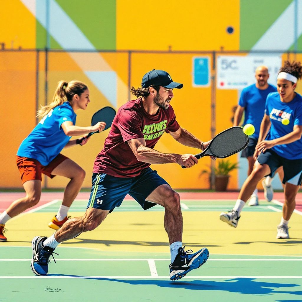 Players practicing pickleball drills on a colorful court.