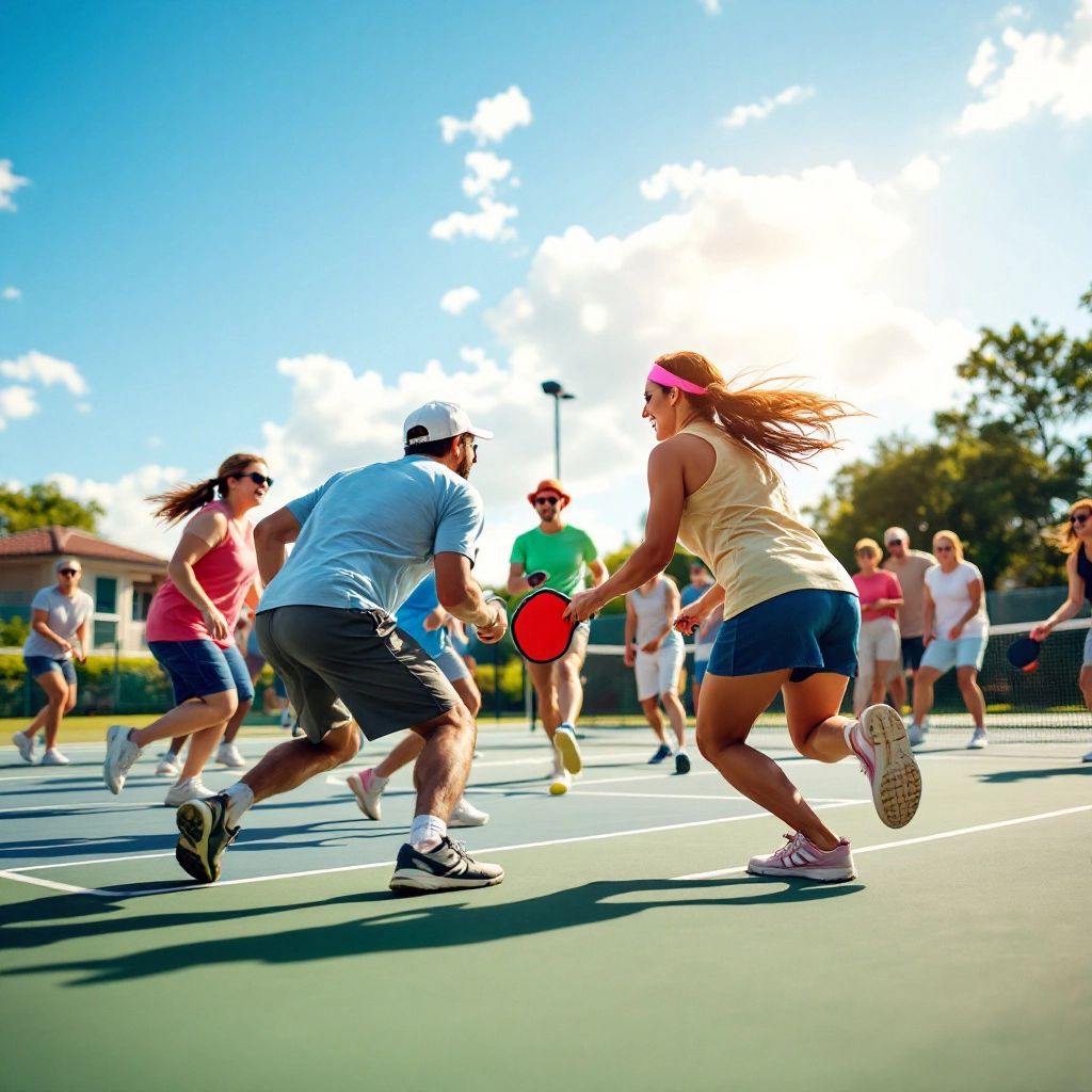 Diverse players enjoying a competitive pickleball match outdoors.