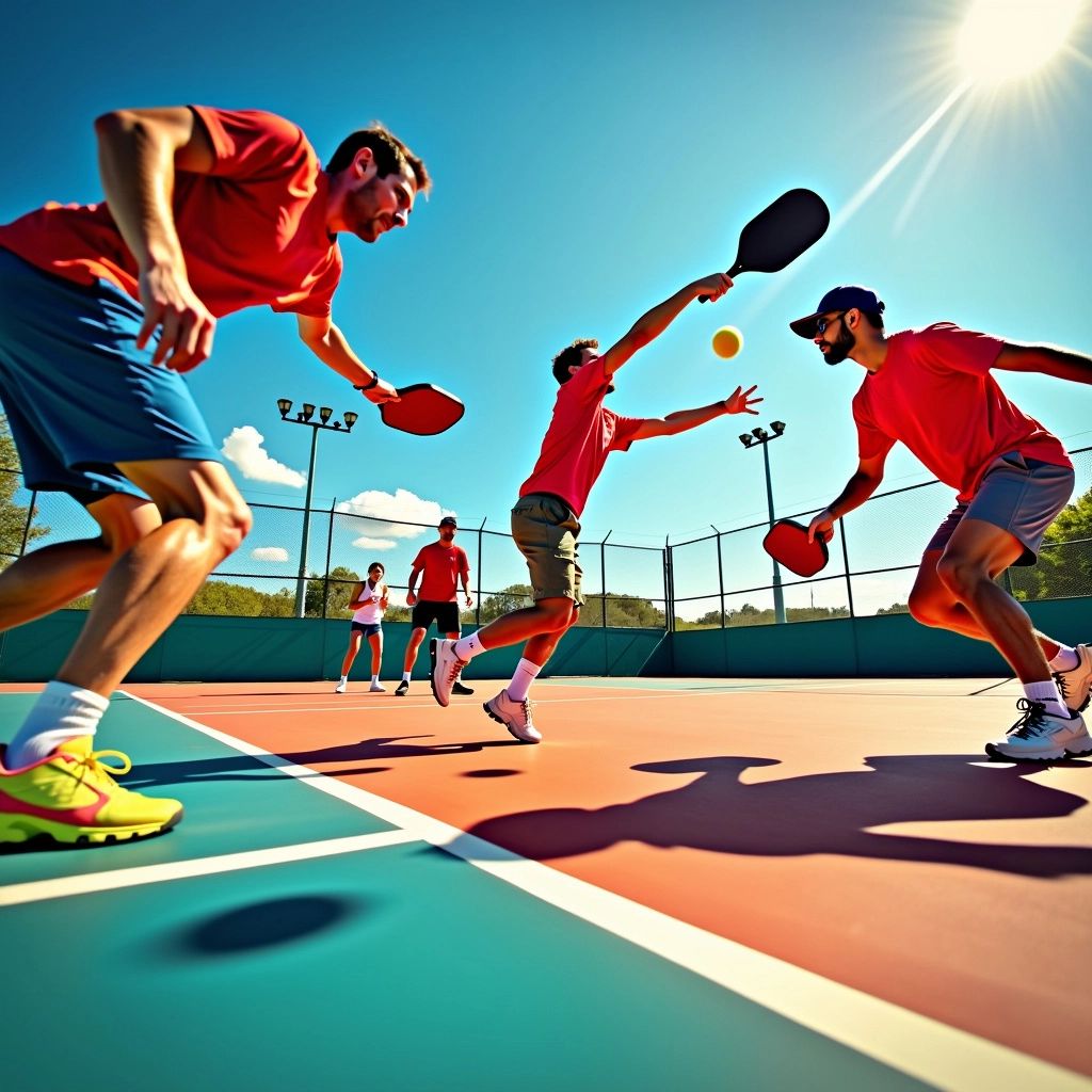 Players volleying a pickleball on a colorful court.