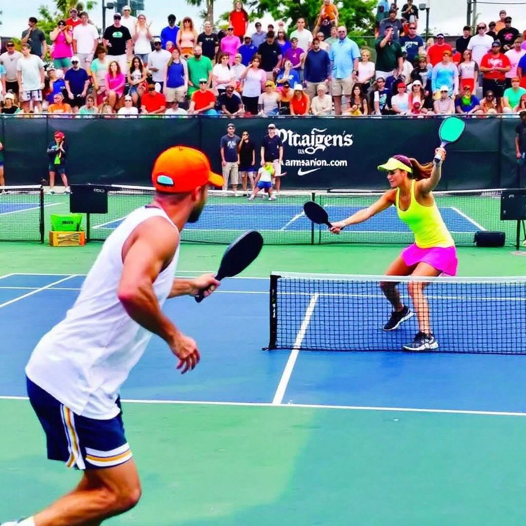 Four pickleball players competing in a doubles match.