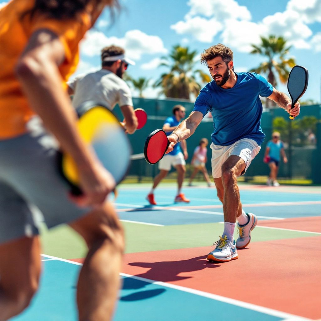 Players executing different pickleball shots on a court.