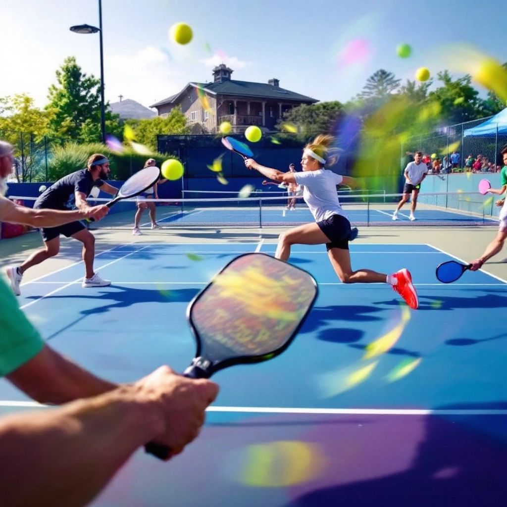 Players hitting pickleball shots on a colorful court.