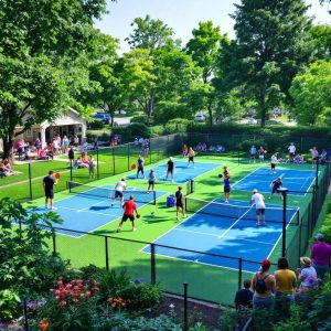 Players on a pickleball court in a community park.