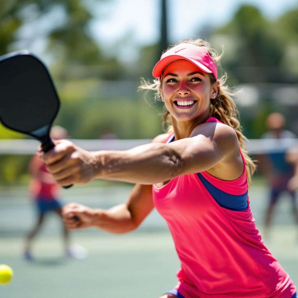 Confident pickleball player swinging paddle on sunny court.