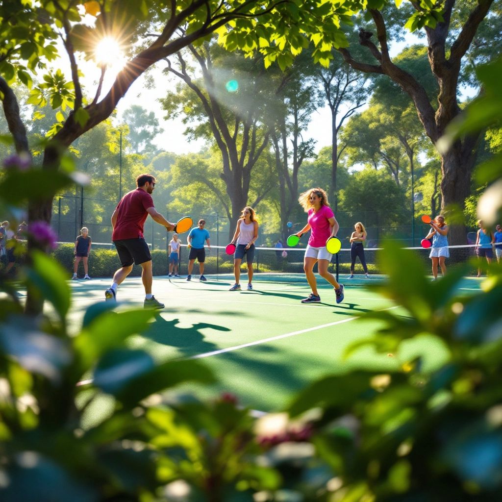 Players enjoying a game of pickleball on a sunny court.