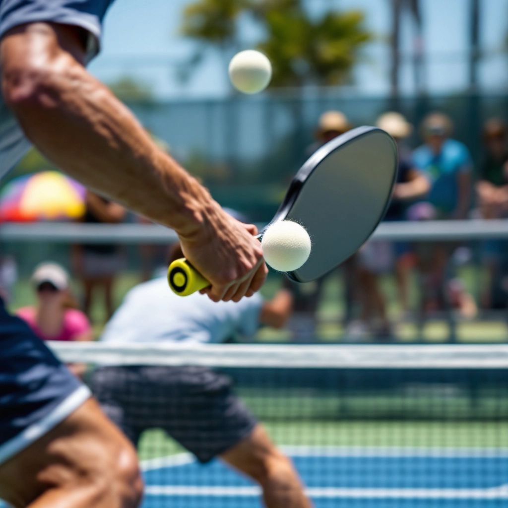 Player serving a pickleball on a sunny court.