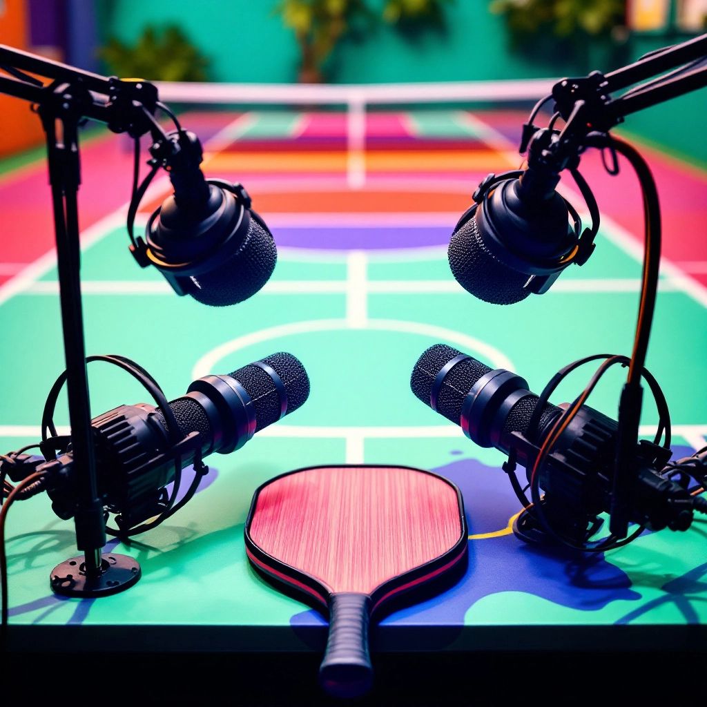 Podcast studio with microphones and pickleball equipment.