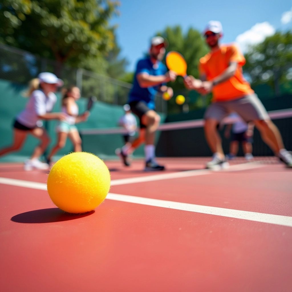 Players engaged in a competitive pickleball match on court.