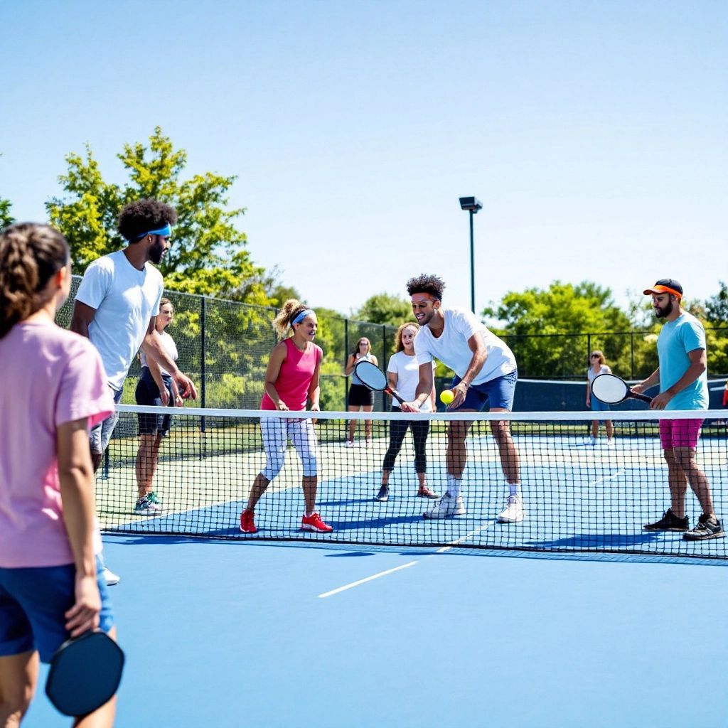 Diverse pickleball players wearing safety gear on the court.